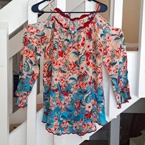 Johnny Was Silk Floral Cold Shoulder Blouse szS  EUC